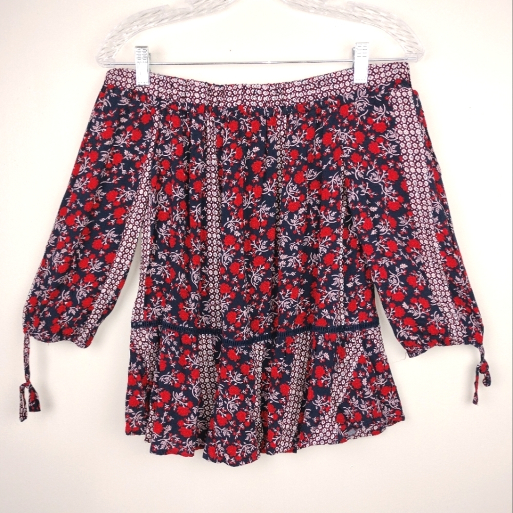 Como Vintage Boho Off the Shoulder Boho Rose Pattern 3/4 Sleeve Flowy Top Sz. PS